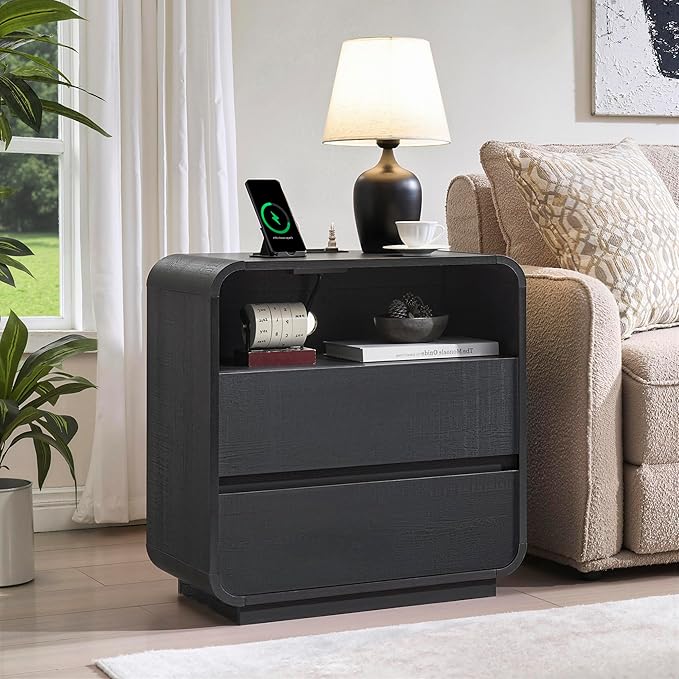 Black Nightstand with Charging Station, Modern End Table with 2 Storage Drawers - Image 2