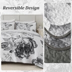 WONGS BEDDING Grey Boho Floral Quilt Set Queen, Elegant Gray Flower Bedspread - Image 4