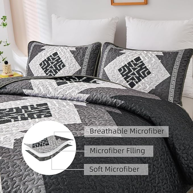 Dintszyayue Boho Queen Quilt Set 3 Pieces Black Grey Aztec Texture Bedspread - Image 6