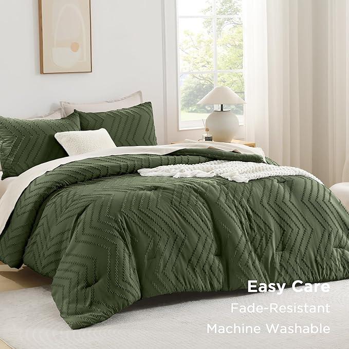Andency Olive Green Comforter Set Queen Size, Boho Soft Fluffy Warm Lightweight - Image 3