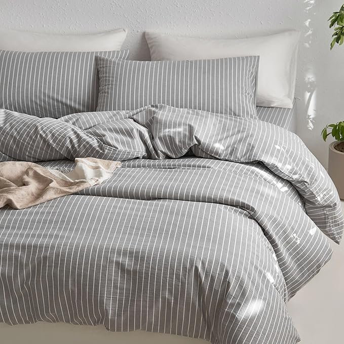 MooMee Striped Duvet Cover Set 100% Washed Cotton Linen Like Textured - Image 7