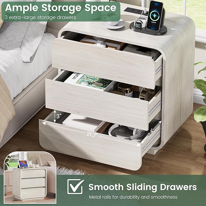 White Nightstand Set of 2 with Charging Station, 23.2" Wide Wood Night Stand - Image 5