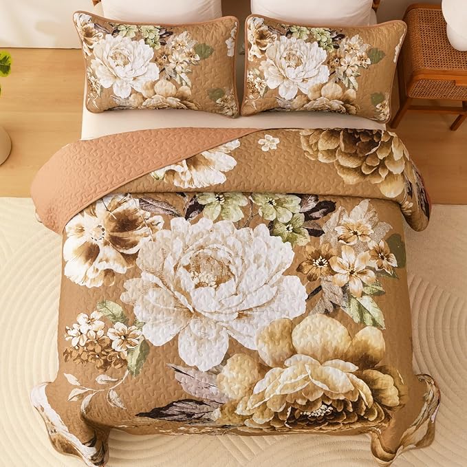 WONGS BEDDING Brown Floral Quilt Set King, 3 Pieces Reversible Lightweight - Image 3