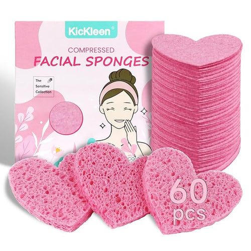 60-Count Kickleen Compressed Cellulose Heart Shape Facial Sponges | 100% by KICKLEEN
