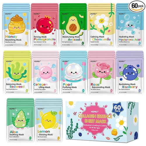 60 Pack Bulk Collagen Facial Masks, moisturizing & Hydrating Face Masks by VESPRO