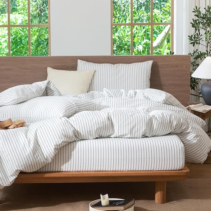 MooMee Striped Duvet Cover Set 100% Washed Cotton Linen Like Textured - Image 4