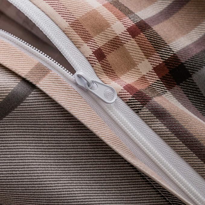 SUSYBAO Brown Tartan Duvet Covr King 100% Cotton 3 Pcs Set 1 Khaki Buffalo - Image 5