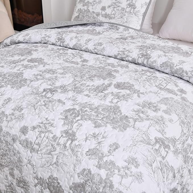 WONGS BEDDING Grey Quilt Set Twin Size, 2 Pieces Botanical Bedspreads Set - Image 6