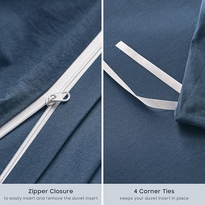 Wake In Cloud - Cotton Duvet Cover Set, Twin Size, Dark Navy Blue, 100% Washed - Image 7