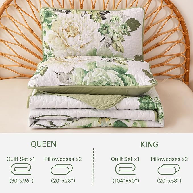 WONGS BEDDING Green Floral Quilt Set King, 3 Pieces Reversible Lightweight - Image 7