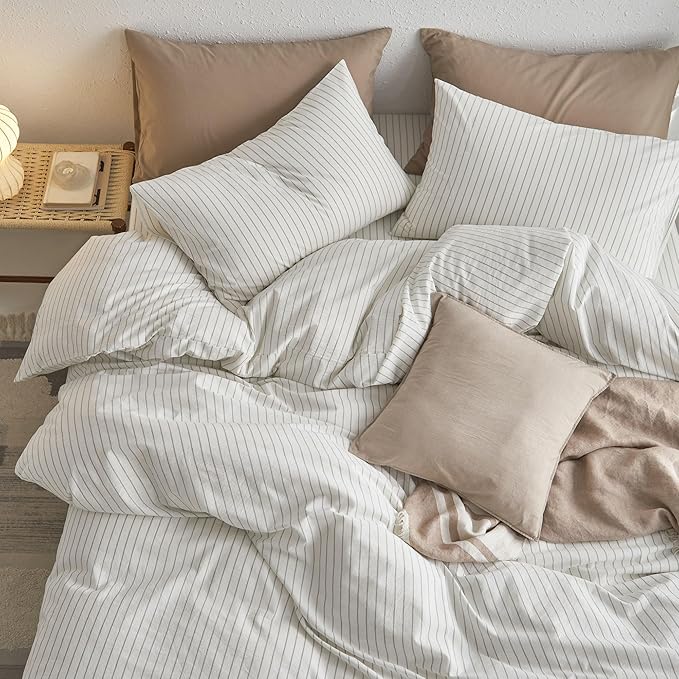 MooMee Striped Duvet Cover Set 100% Washed Cotton Linen Like Textured - Image 4
