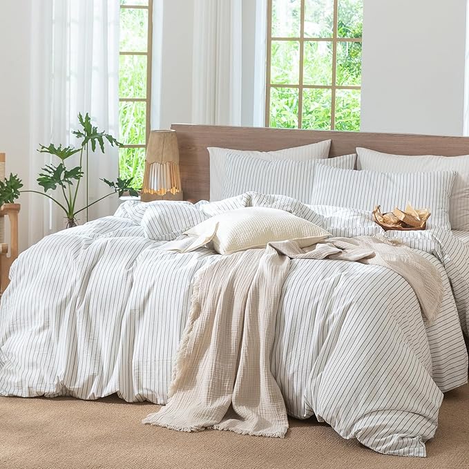MooMee Striped Duvet Cover Set 100% Washed Cotton Linen Like Textured - Image 5