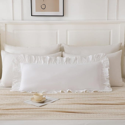 14x36 inches Off White Ruffled Lumbar Pillow Cover 1 Piece, Pure Washed Cotton - Image 2