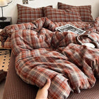 PinkMemory Caramel Blue Gingham Duvet Cover King 100% Washed Cotton Buffalo by PinkMemory