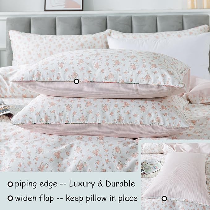 FADFAY Full Duvet Cover Set Pink Floral Comforter Cover 100% Cotton Girls Pink - Image 4