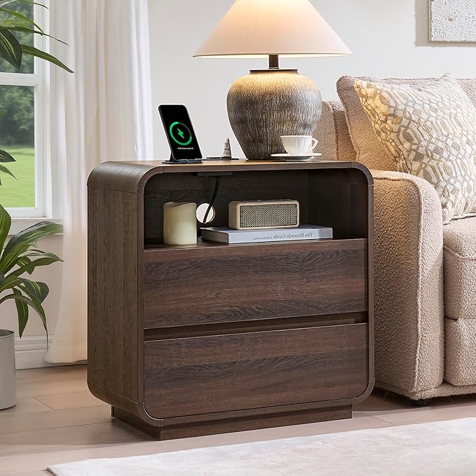 Modern Walnut Nightstand, 2 Storage Drawers Side Table Curved Profile, - Image 8