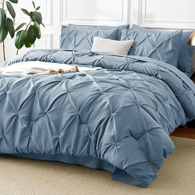 CozyLux Full Size Comforter Sets Mineral Blue, 7 Pieces Pintuck Bed in A Bag by CozyLux