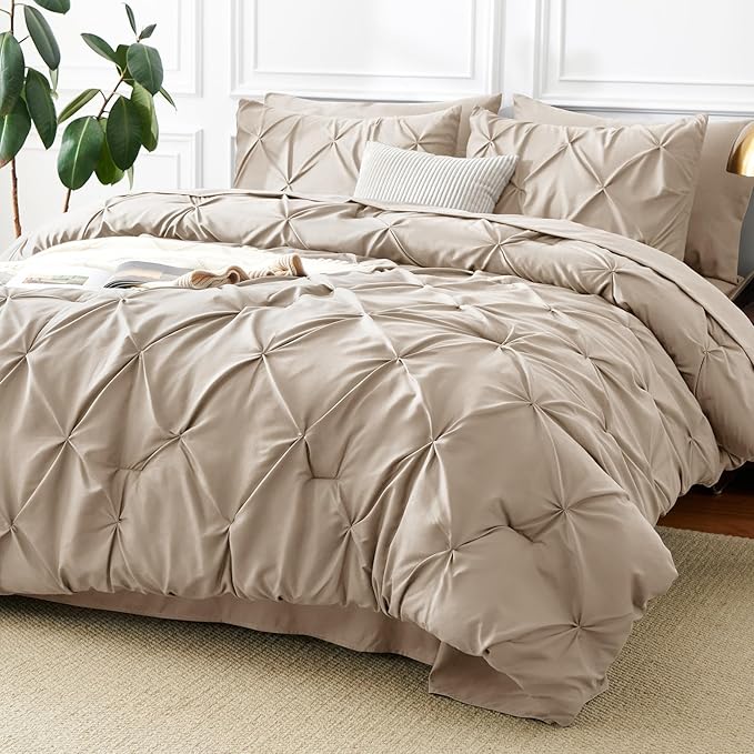 CozyLux Queen Comforter Set Wheat, 7 Pieces Pintuck Bed in A Bag, Premium Wheat by CozyLux