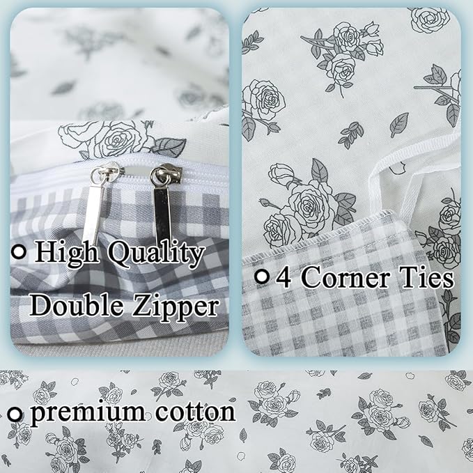 FADFAY Floral Duvet Cover Set Queen Size 100% Cotton Grey White Flower - Image 3