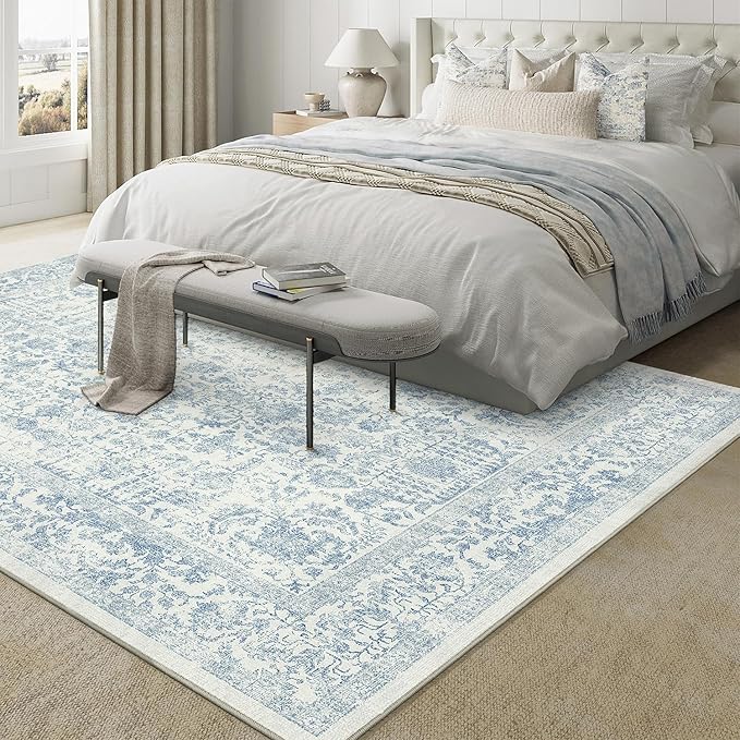 Blue Area Rug 6x9 Machine Washable Vintage Living Room Distressed Non Slip - Image 6
