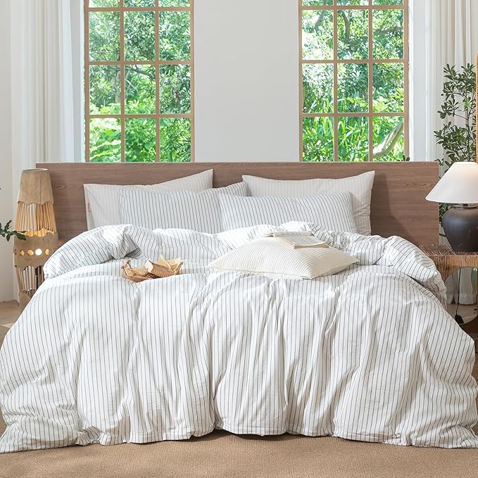MooMee Striped Duvet Cover Set 100% Washed Cotton Linen Like Textured by MOOMEE