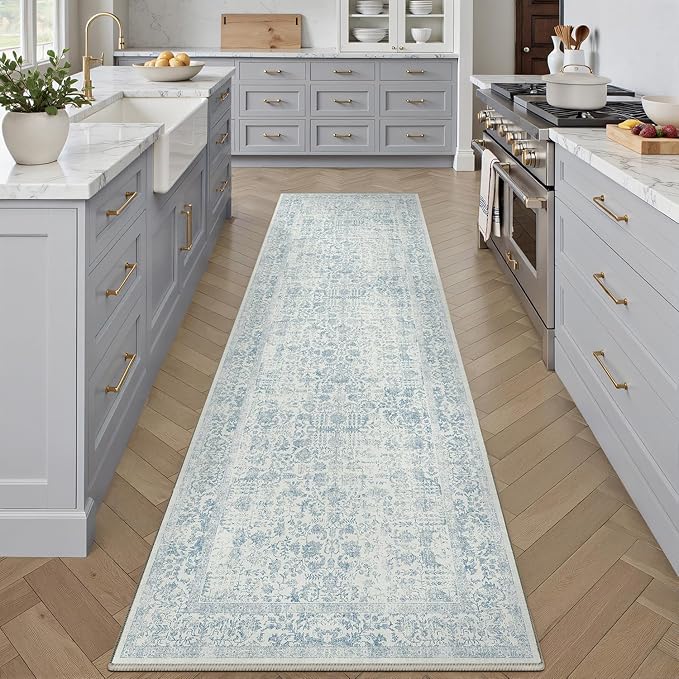 Blue Runner Rug 2x8 Hallway Machine Washable Kitchen Vintage Distressed Non by PureCozy