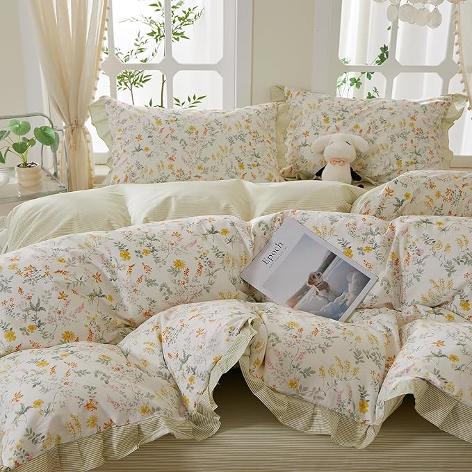 mixinni 100% Cotton Duvet Cover Set Twin XL, Reversible Spring Floral Ruffle - Image 3