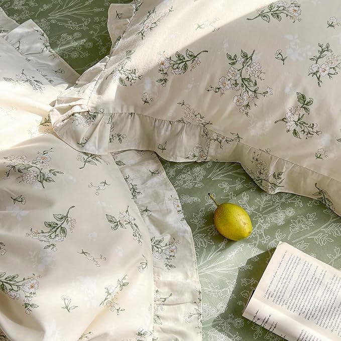 mixinni Reversible Sage Green Floral Duvet Cover Set Queen Size - Image 7