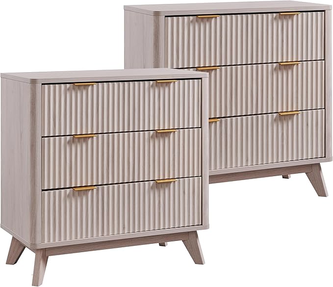T4TREAM Fluted 3 Drawers Nightstand Set of 2, Oversized Extra Large Modern Side by T4TREAMFurniture