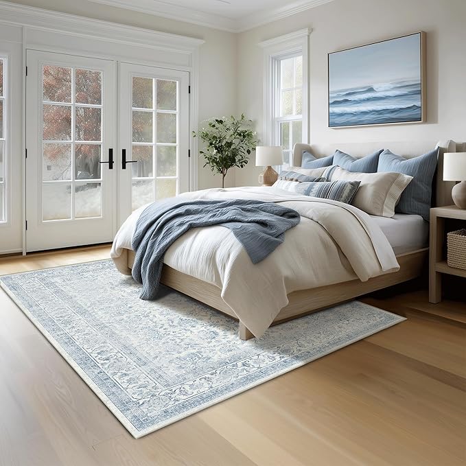 FMFUNCTEX 4x6 Washable Area Rug Blue Neutral Vintage Non Slip Low Pile - Image 3