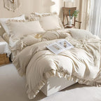 QSH Washed Cotton Duvet Cover King Ruffle Duvet Cover Linen Feel Textured - Image 2