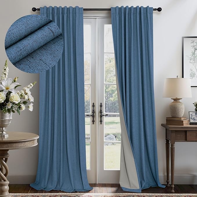 Denim Blue Back Tab Blackout Curtains 108 Inches Long 2 Panel Set Cotton Linen by Pitalk