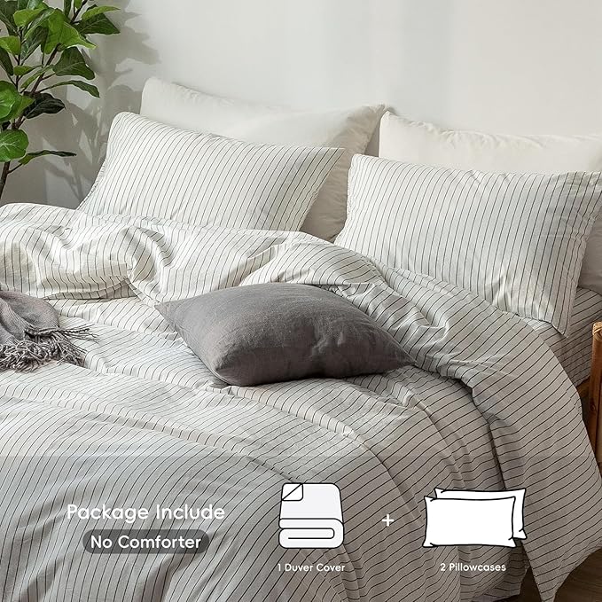 MooMee Striped Duvet Cover Set 100% Washed Cotton Linen Like Textured - Image 2