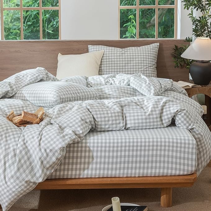 MooMee Gingham Duvet Cover Set 100% Washed Cotton Linen Like Textured - Image 6