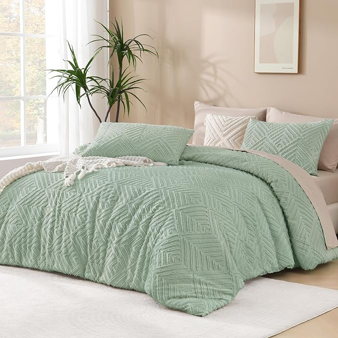 Andency Oversized King Comforter 128''x120'', 3 Pieces Sage Green Boho Bedding by Andency
