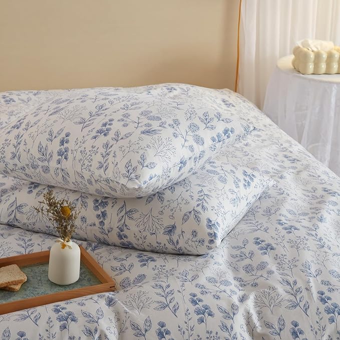 mixinni Small Floral Print Duvet Cover Queen Blue Flower Leaf Duvet Cover Set - Image 7