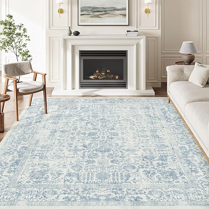 Blue Area Rug 5x7 Machine Washable Vintage Living Room Distressed Non Slip - Image 6