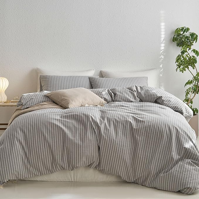 MooMee Striped Duvet Cover Set 100% Washed Cotton Linen Like Textured by MOOMEE