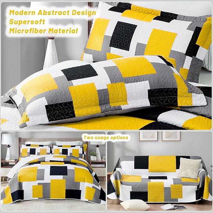 Tyrot 3 Piece Yellow Grey Quilt Set King Size Yellow Gray White Geometric - Image 3