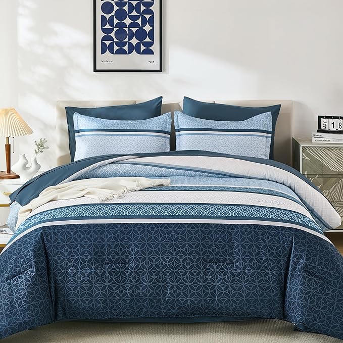 WONGS BEDDING Navy Blue King Comforter Set 7 Pieces, Boho Striped Bed in a Bag - Image 8
