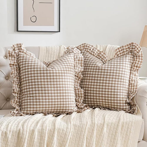 2 Pack Taupe/Brown Plaid Ruffle Throw Pillow Covers Farmhouse Checkered Chic by Qilunn