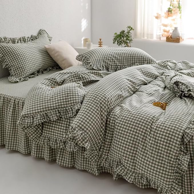 MKXI Sage Green Gingham Duvet Cover King, 3-Piece Ruffled Bedding Set - Image 3