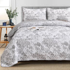 WONGS BEDDING Grey Quilt Set King Size, 3 Pieces Botanical Bedspreads Set - Image 7