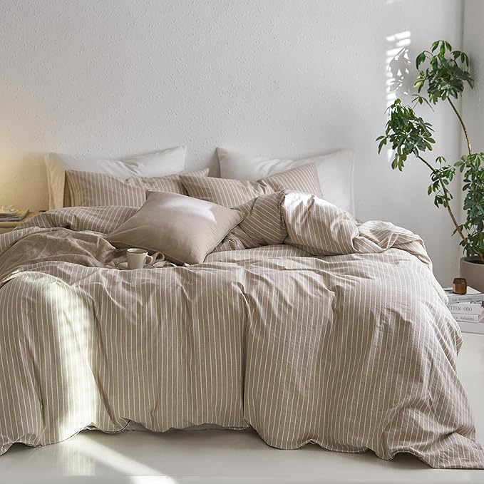MooMee Striped Duvet Cover Set 100% Washed Cotton Linen Like Textured by MOOMEE