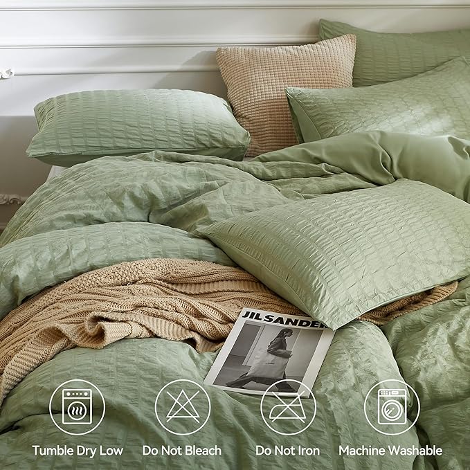JELLYMONI Light Green Duvet Cover Full Size, Soft Breathable Seersucker Duvet - Image 4