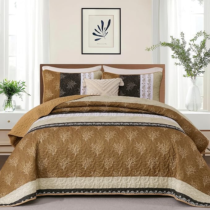 DJY Brown Quilt Set King Size Striped Bedspread Coverlet Set 3 Pieces Boho - Image 2