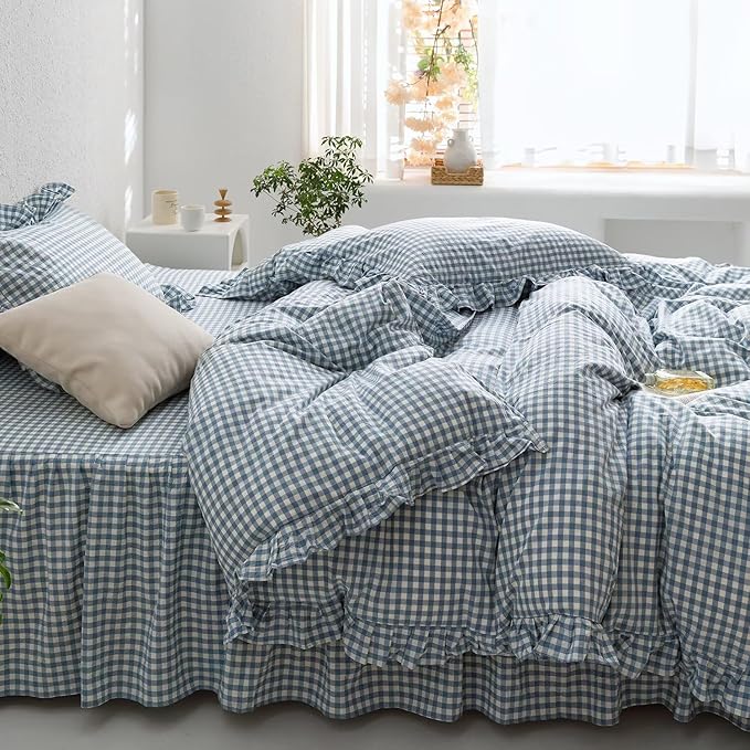 MKXI Blue and White Gingham Duvet Cover Twin Size, 3-Piece Bedding Set - Image 5
