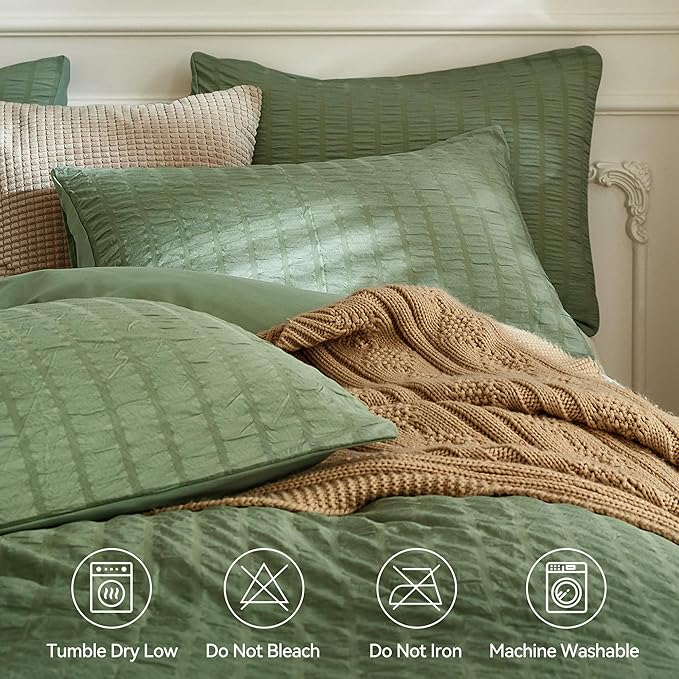 JELLYMONI Dark Green Duvet Cover Queen Size, Soft Breathable Seersucker Duvet - Image 4