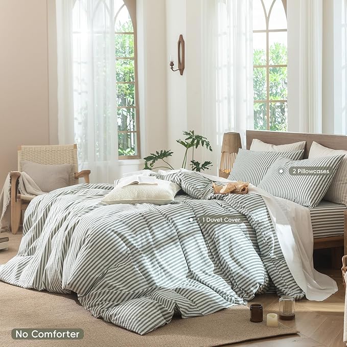 MooMee Striped Duvet Cover Set 100% Washed Cotton Linen Like Textured - Image 2
