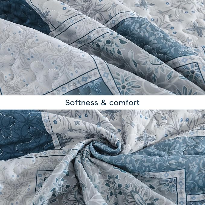 Xruibed Blue Boho Quilt Set Queen Size, 3 Pieces Plaid Floral Bedspread - Image 8